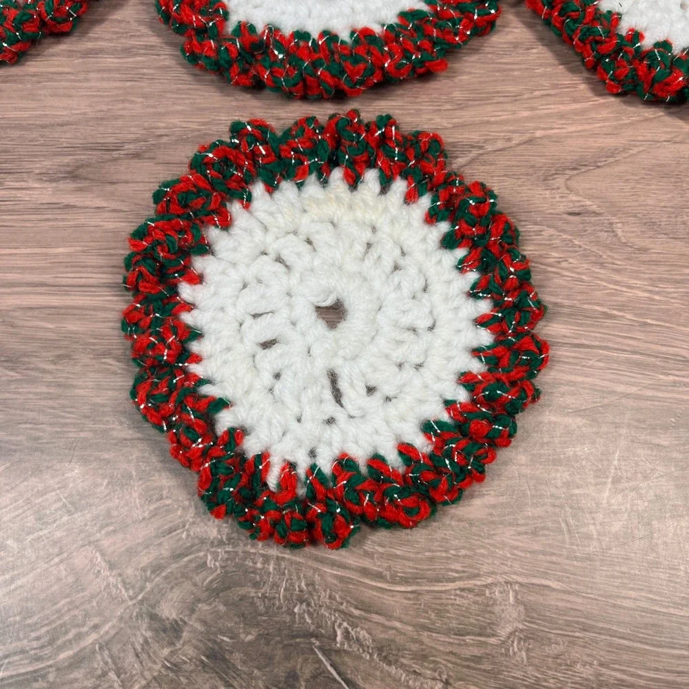 Handmade Crochet Knit Coasters‎ Red Green White Christmas Holidays Set of 7
